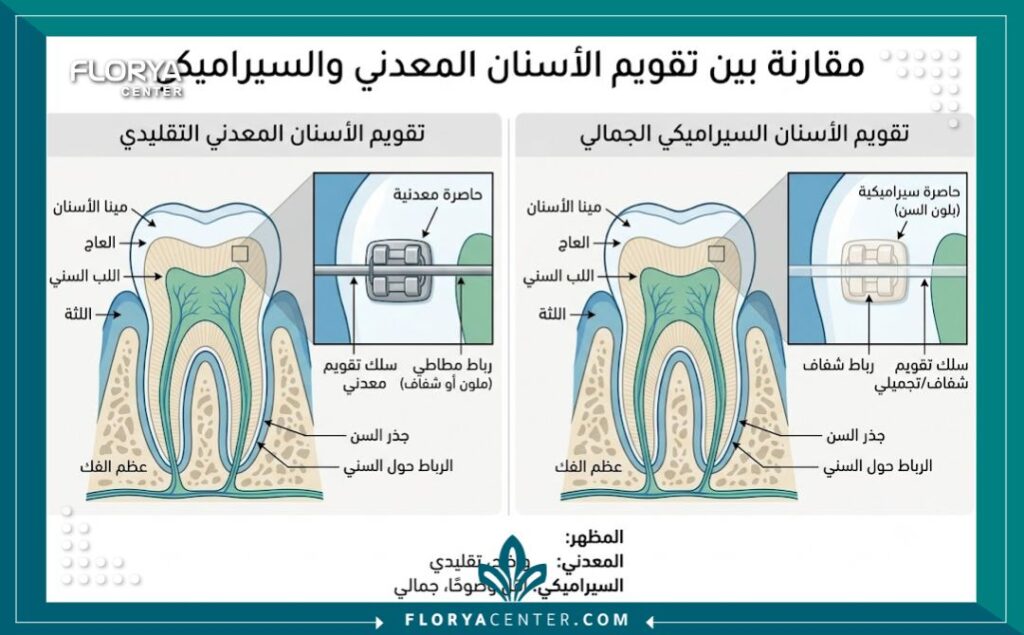 رسم تخطيطي تشريحي يوضح الفرق بين التقويم الخزفي والتقويم المعدني ومكوناته التجميلية.