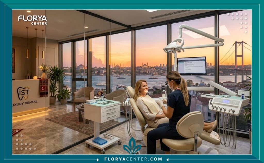 عيادة تجميل أسنان فاخرة في إسطنبول تطل على البسفور توضح السياحة العلاجية لتبييض الأسنان في تركيا.