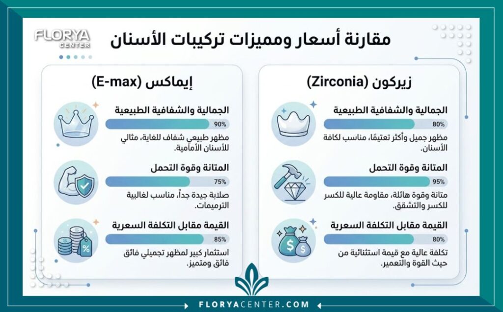 انفوجرافيك مقارنة مميزات واسعار تركيبات الايماكس والزيركون في تركيا.