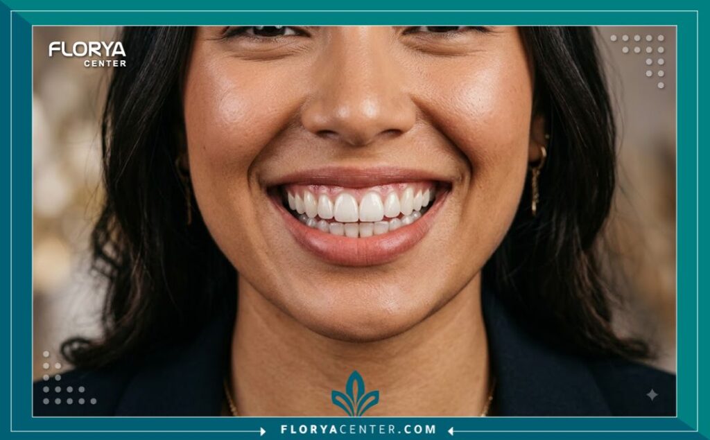 ابتسامة طبيعية وجذابة بعد إجراء تركيبات الايماكس التجميلية للأسنان.