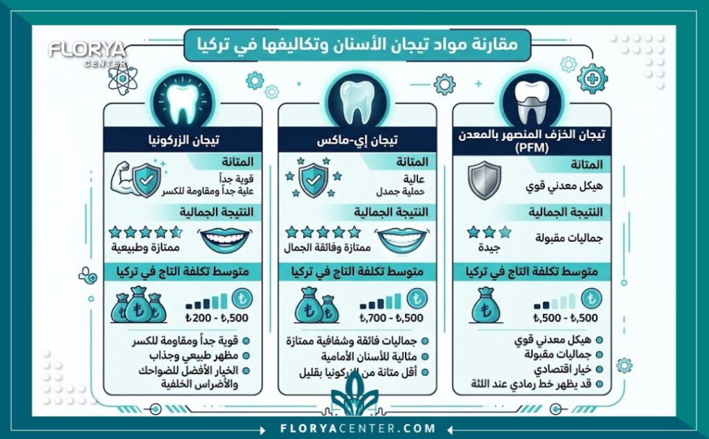 انفوجرافيك مقارنة اسعار ومميزات تلبيسات الزيركون والايماكس والبورسلين في تركيا