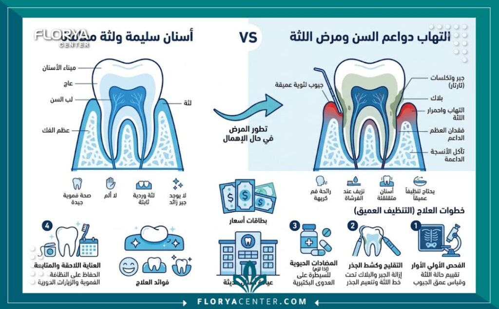 اسعار تنظيف اللثة العميق 3 إنفوجرافيك يوضح الفرق بين التنظيف العادي وتكلفة واسعار تنظيف اللثة العميق بالتفصيل.