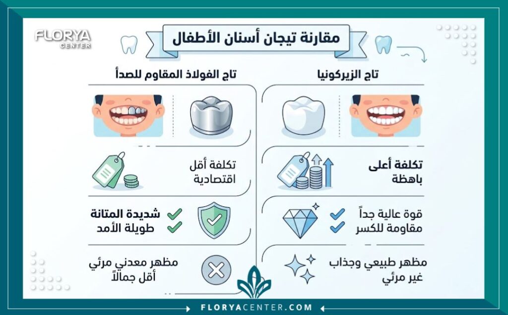 إنفوجرافيك مقارنة يوضح تفاصيل وتكلفة و اسعار تيجان الاسنان للاطفال وأنواعها المختلفة كالزيركون والمعدن.