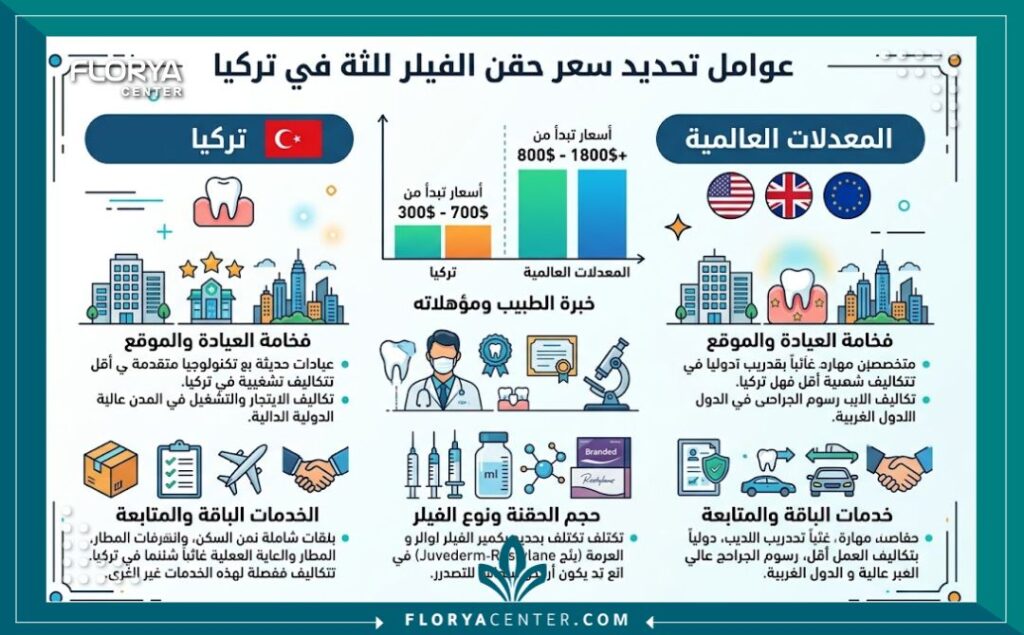 انفوجرافيك توضيحي يحدد العوامل المؤثرة في اسعار حقن الفيلر للثة وتكلفة العلاج في تركيا.