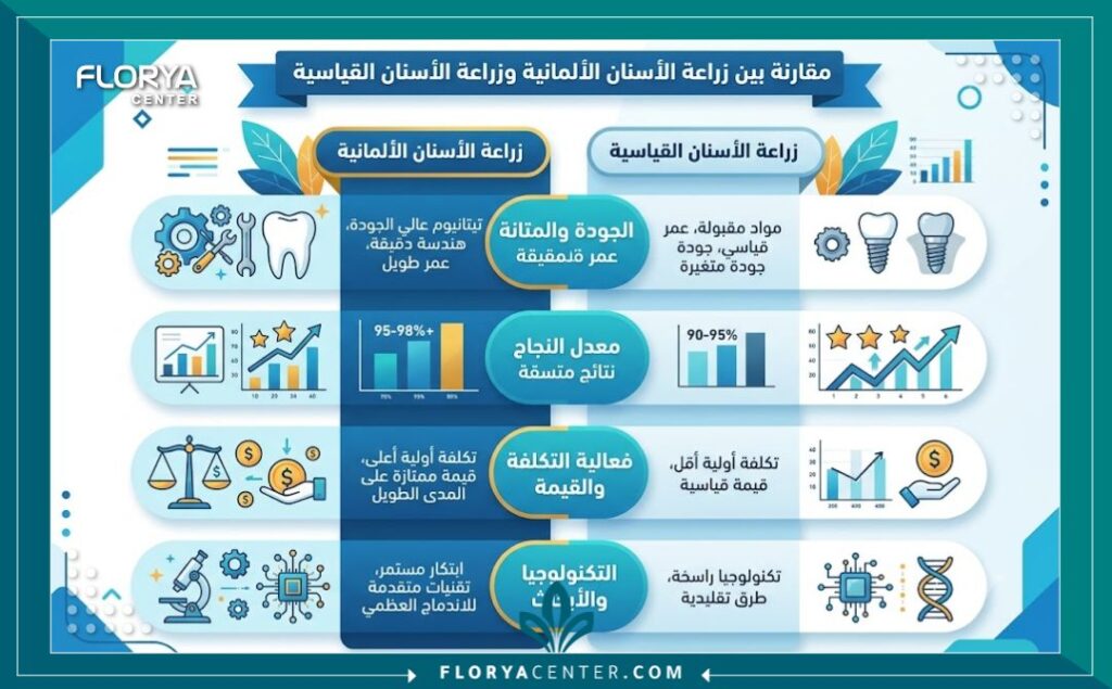 انفوجرافيك يوضح مقارنة اسعار زراعة الاسنان الالمانية ومزايا الجودة الأوروبية