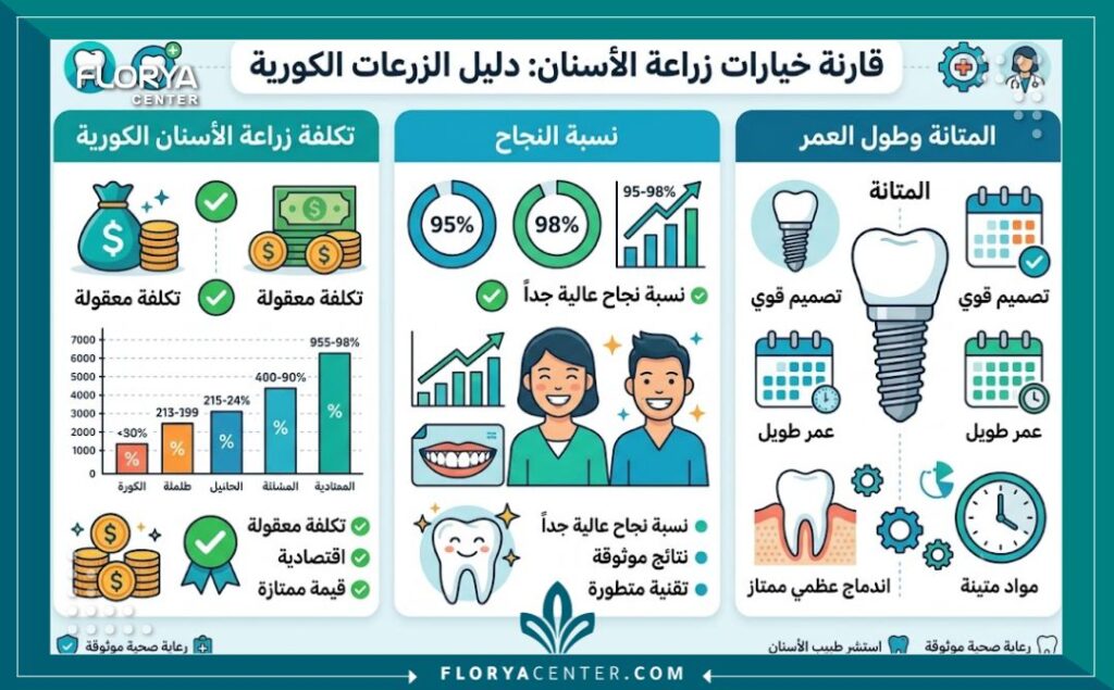 انفوجرافيك يبين مقارنة اسعار زراعة الاسنان الكورية ومميزاتها الاقتصادية