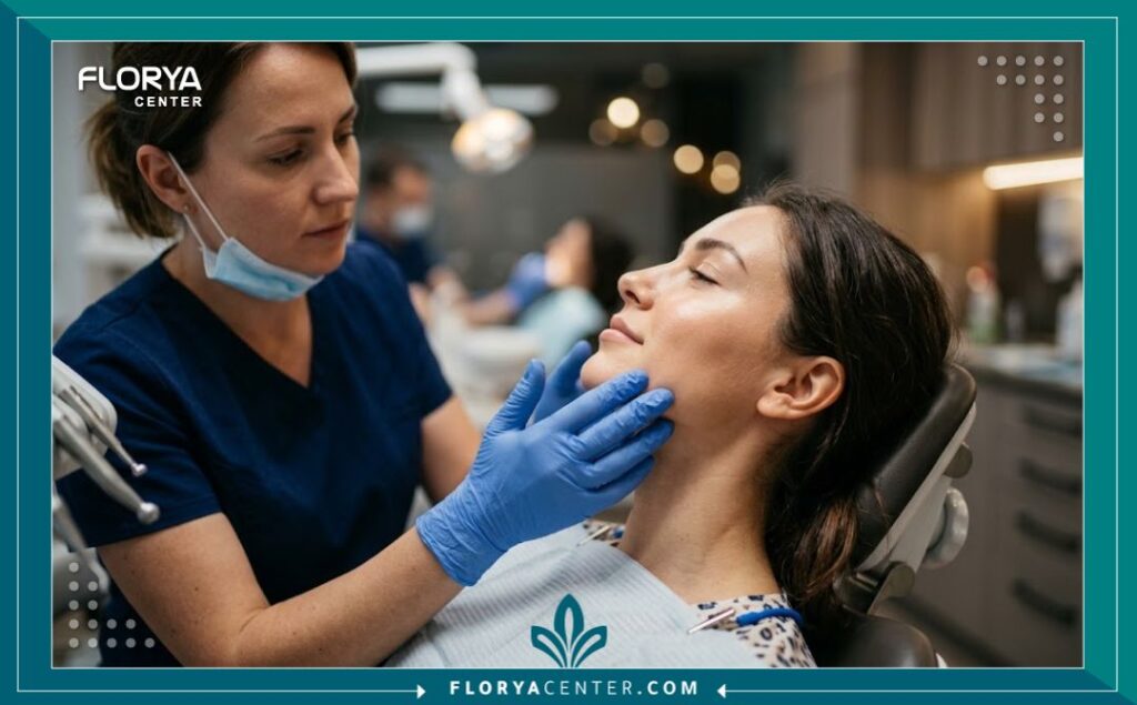 اسعار زراعة العظم للاسنان في تركيا 5 طبيب أسنان مختص يفحص كثافة عظم الفك قبل التحضير لعملية زراعة الأسنان.