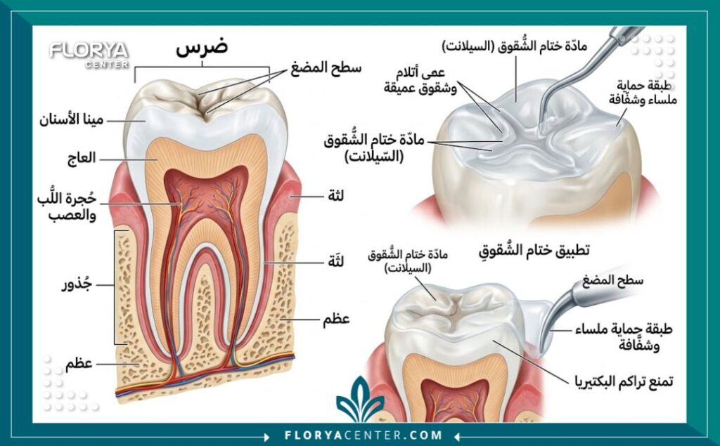 رسم توضيحي طبي يوضح تشريح الضرس وطريقة وضع سدادات الشقوق للاسنان لحمايتها من البكتيريا.
