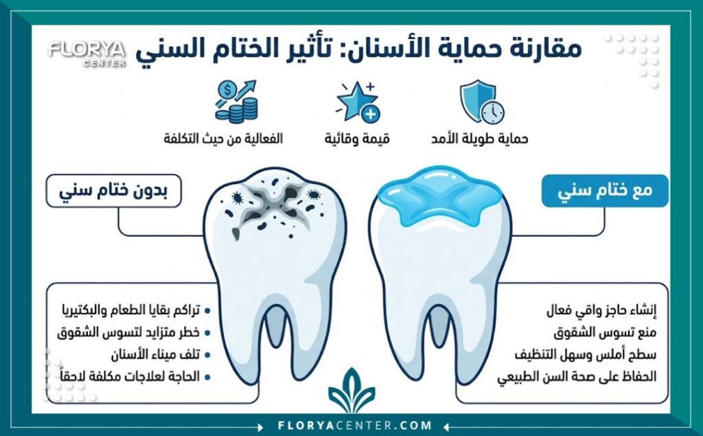 إنفوجرافيك يقارن بين ضرس محمي وآخر مصاب بالتسوس لتوضيح الفعالية وتوفير اسعار سدادات الشقوق للاسنان على المدى الطويل.