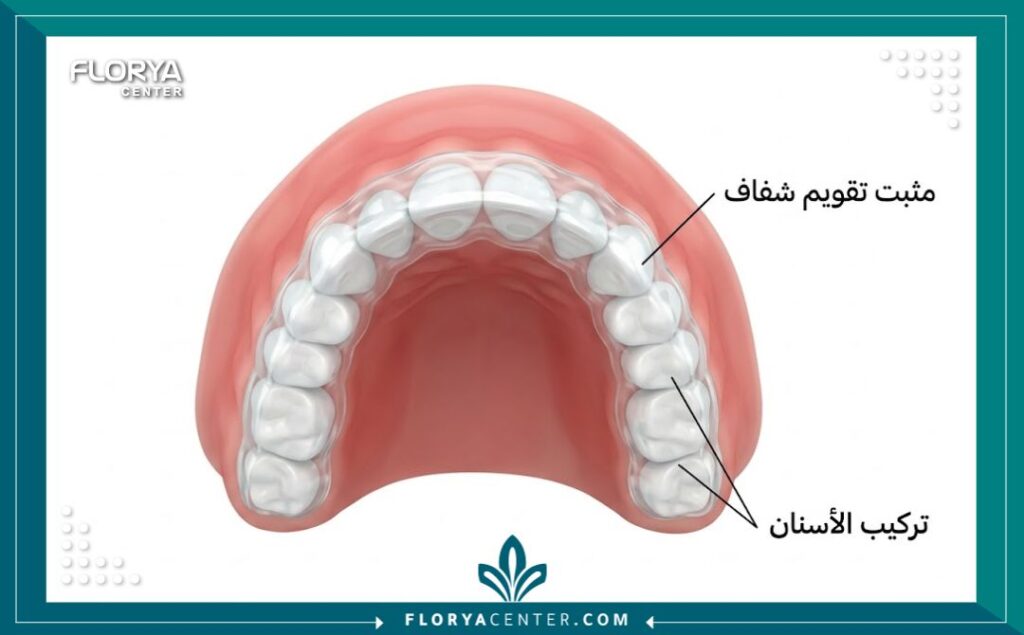 رسم توضيحي طبي يبين كيفية تركيب مثبت التقويم الشفاف على الأسنان.