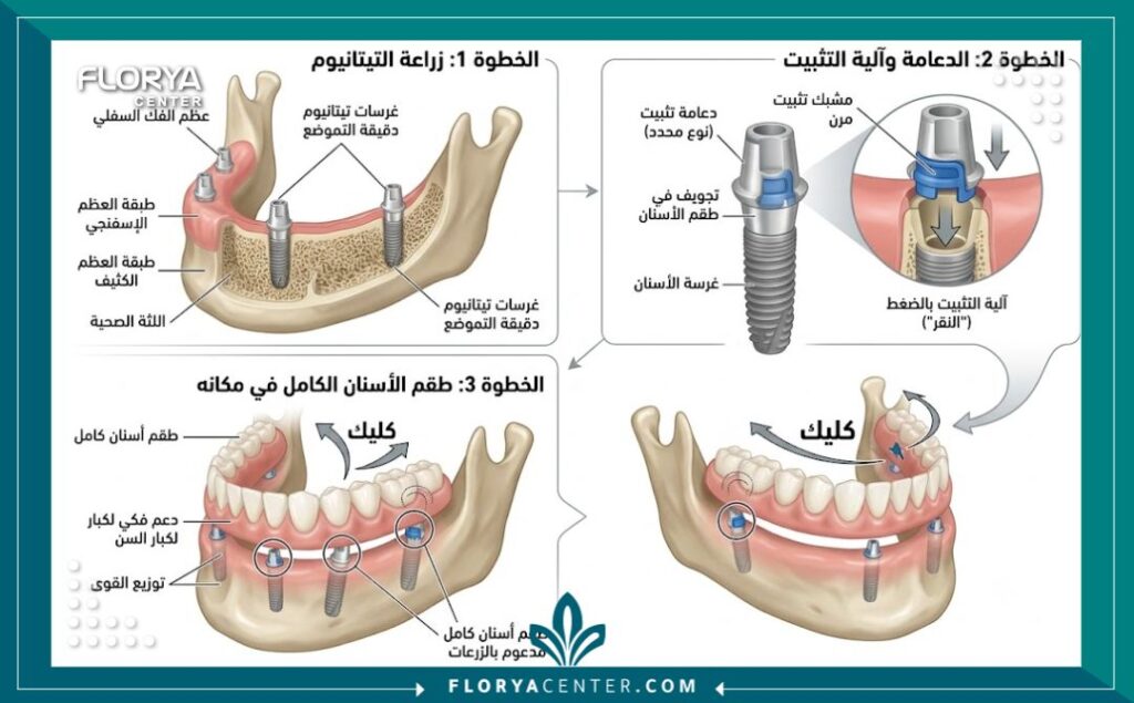 اسنان كبار السن 2 رسم توضيحي طبي ثلاثي الأبعاد يوضح كيفية تثبيت زراعة الأسنان وأطقم الأسنان لكبار السن داخل الفك.