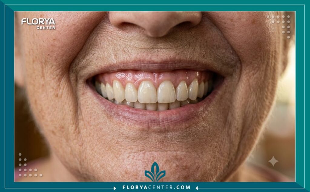 اسنان كبار السن 5 لقطة قريبة تبرز جمال وطبيعية تركيبات وزراعة الأسنان لكبار السن مع ابتسامة واثقة تعكس صحة الفم واللثة.
