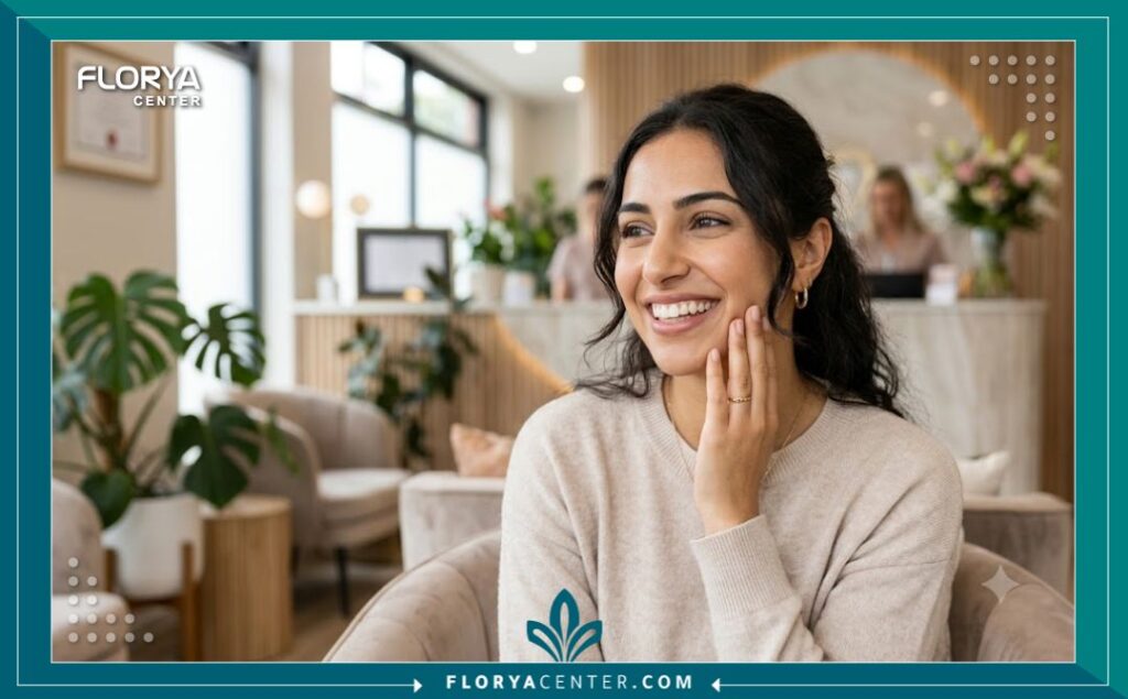 افضل دكتور خلع ضرس العقل في تركيا 5 مريضة سعيدة تشعر بالراحة التامة بعد إجراء عملية خلع ضرس العقل المطمور بدون ألم أو مضاعفات.