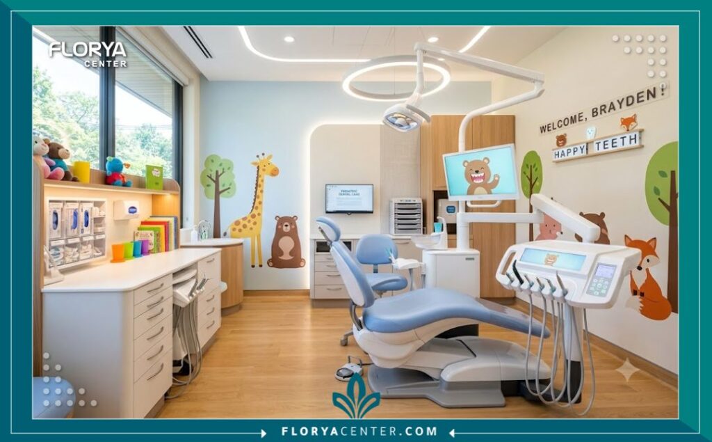 غرفة علاج مجهزة بأحدث التقنيات الطبية وتصميم مريح للأطفال في مستشفى أسنان متخصص بتركيا.