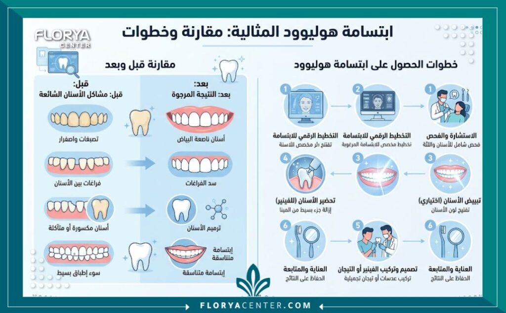 إنفوجرافيك يوضح خطوات ونتائج قبل وبعد تجميل الأسنان وابتسامة هوليود في افضل عيادة تجميل اسنان في تركيا.