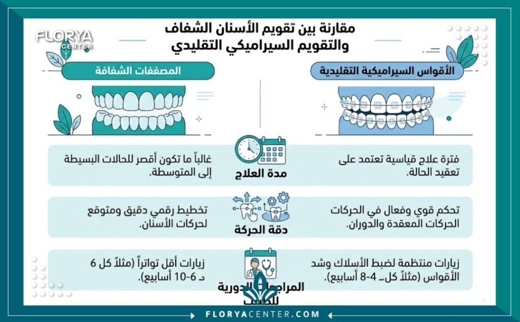 إنفوجرافيك يوضح مقارنة بين أنواع تقويم الأسنان وأهمية المتابعة الدورية لضمان نجاح حركة الأسنان.