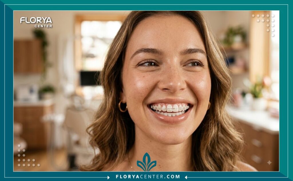 ابتسامة مثالية ومشرقة لمريضة بعد تركيب تقويم الأسنان الخزفي للحصول على أسنان متناسقة.