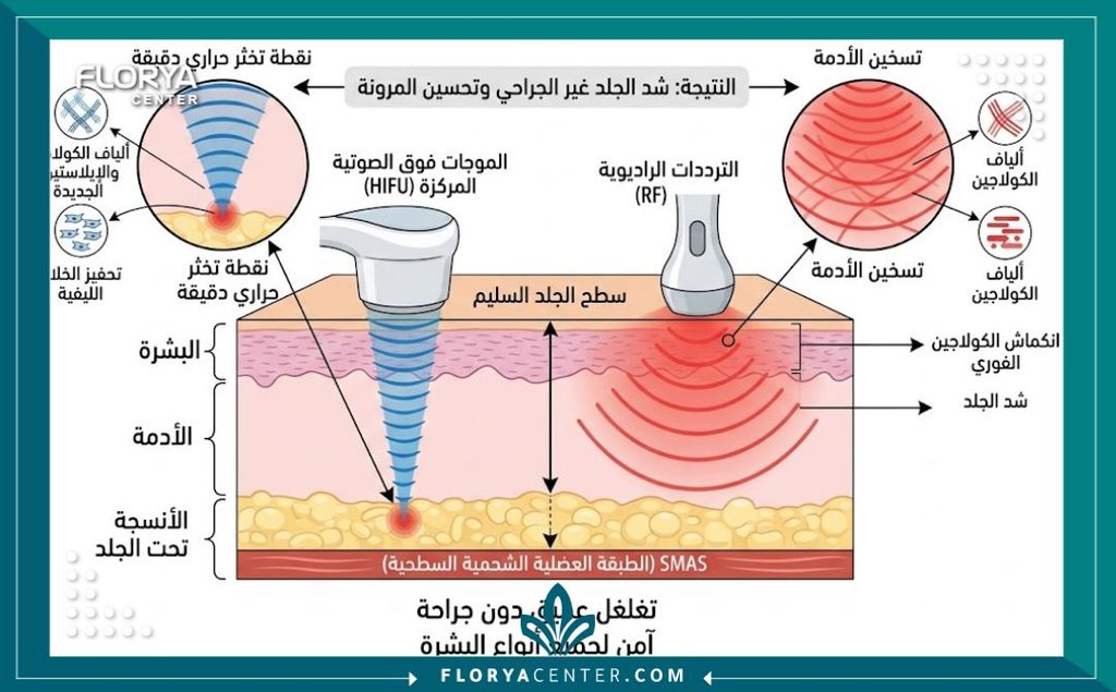 رسم توضيحي لطبقات الجلد يوضح كيفية عمل أجهزة التخلص من الترهلات بدون جراحة وتحفيز الكولاجين.