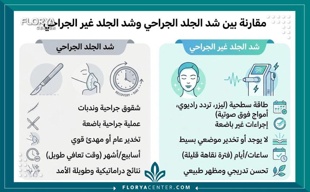 إنفوجرافيك يوضح الفرق بين الجراحة والطرق الحديثة لشد و التخلص من الترهلات بدون جراحة أو ندبات.