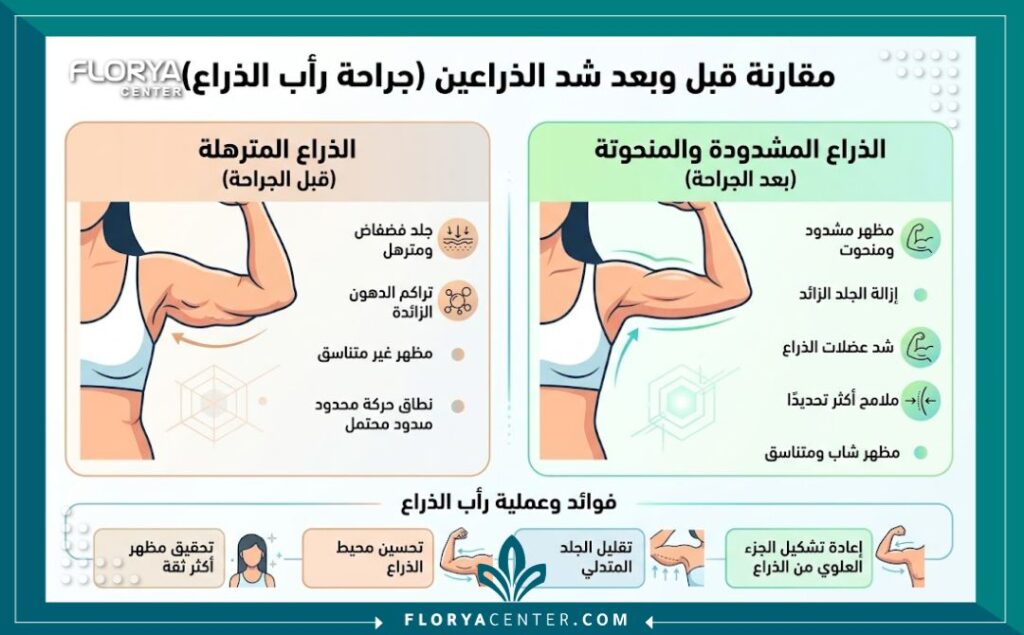 إنفوجرافيك يقارن شكل الذراع قبل وبعد إجراء عملية قص ترهلات الزنود للحصول على قوام متناسق.