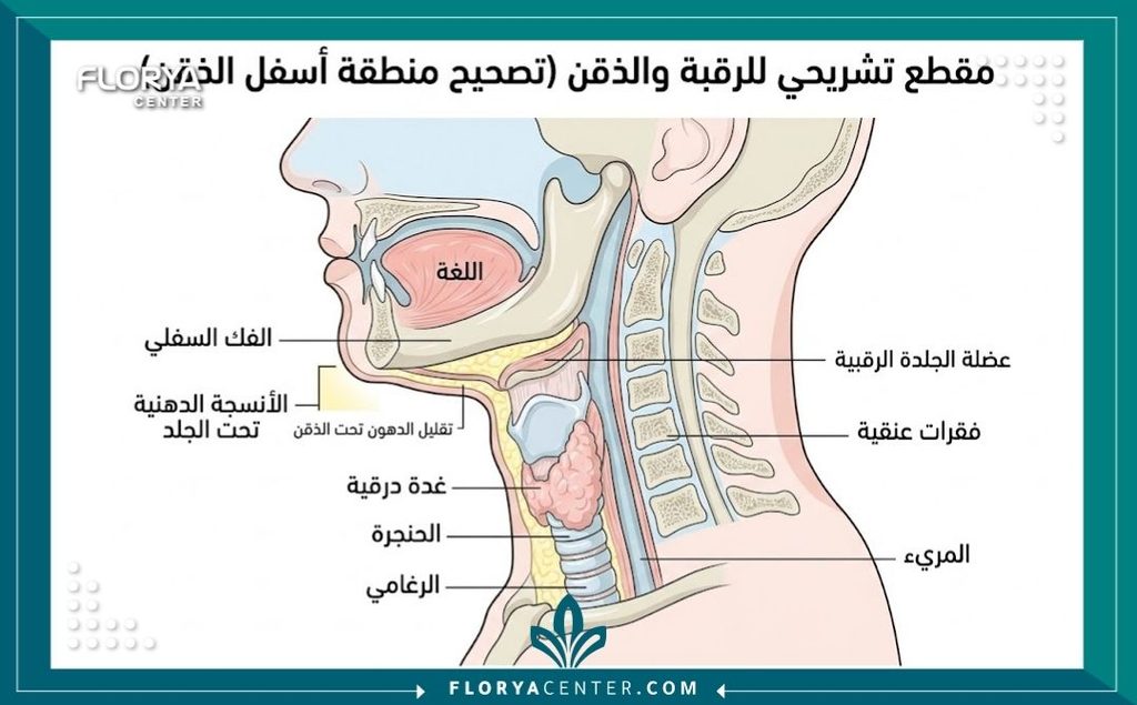 رسم توضيحي طبي لطبقات الجلد يوضح تشريح منطقة اللغلوغ وكيفية إزالة دهون الذقن المزدوج.
