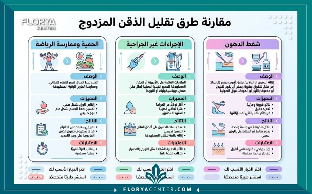 إنفوجرافيك يقارن بين طرق التخلص من ترهل الذقن المزدوج والرقبةبدون جراحة مقابل عمليات تنسيق القوام.