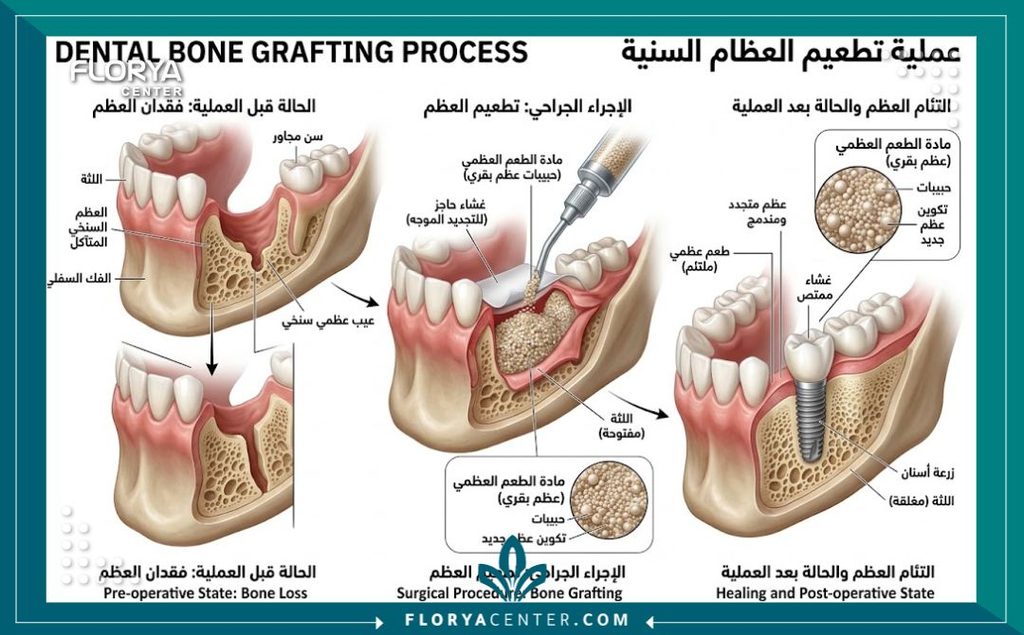 رسم توضيحي طبي ثلاثي الأبعاد يوضح خطوات تعويض العظم المتآكل بمسحوق عظم صناعي في الفك.