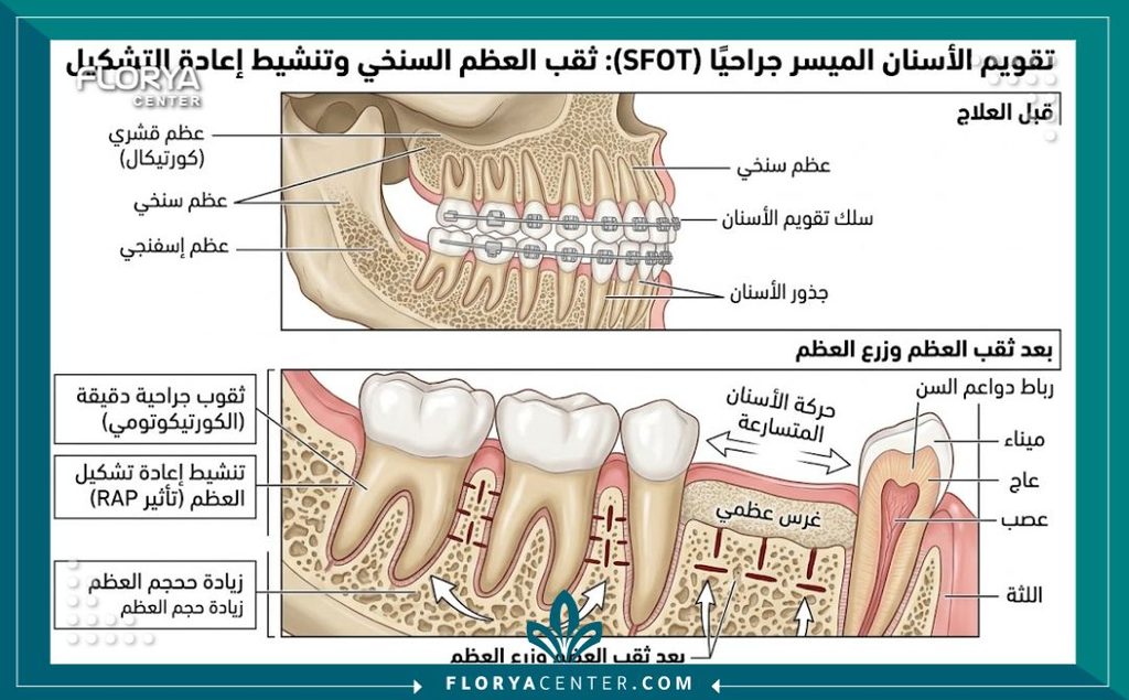 رسم توضيحي طبي يوضح آلية عمل التقويم الجراحي السريع عبر إجراء شقوق دقيقة في عظم الفك لتسريع حركة الأسنان.