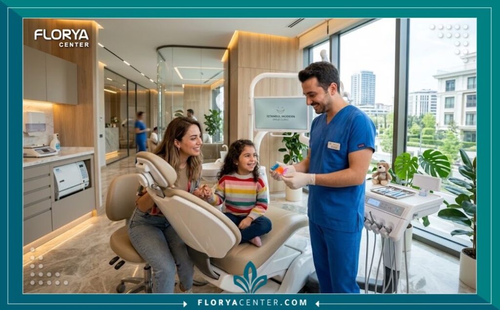 طبيب أسنان متخصص في مركز أسنان حديث في تركيا يشرح لطفل ووالده كيفية استخدام التقويم المتحرك لتعديل نمو الفك.