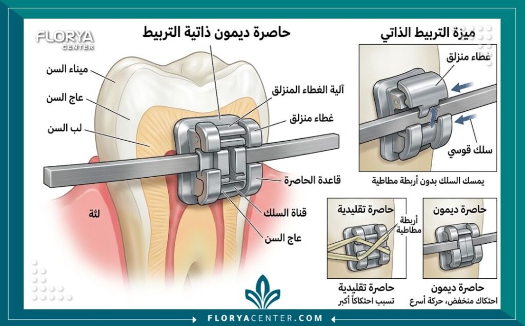 رسم توضيحي طبي دقيق يوضح آلية عمل تقويم ديمون ذاتي الربط والباب المنزلق بدون أربطة مطاطية.