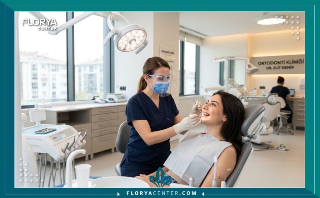 طبيب تقويم أسنان متخصص يفحص مريضاً داخل عيادة أسنان حديثة ومعقمة ومجهزة بأحدث التقنيات في تركيا.