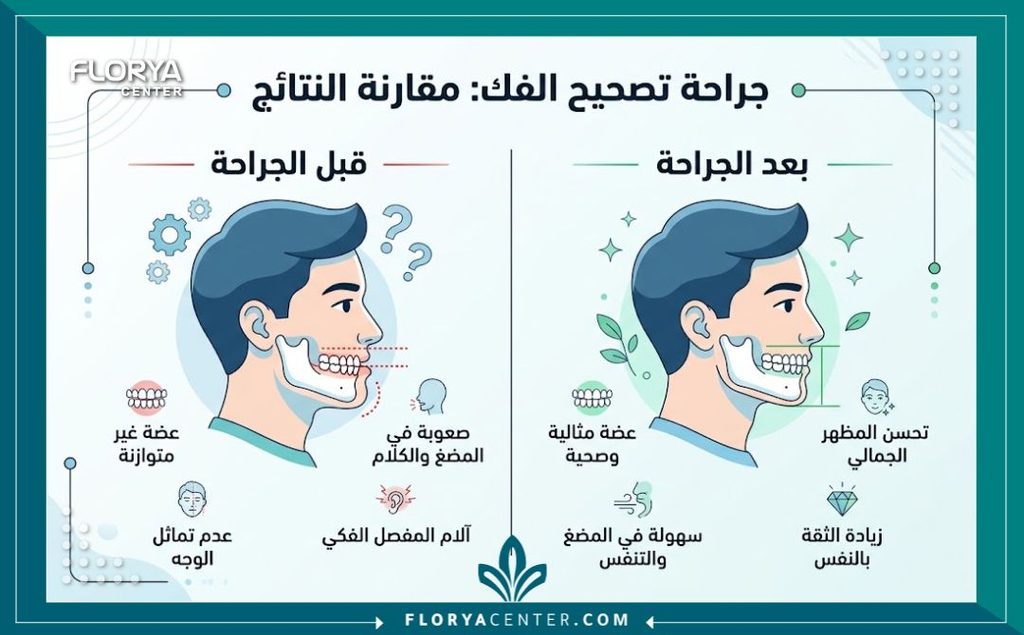 إنفوجرافيك يقارن بين تطابق الأسنان والعضة قبل وبعد عمليات جراحة الفكين التقويمية لتصحيح بروز الفك.