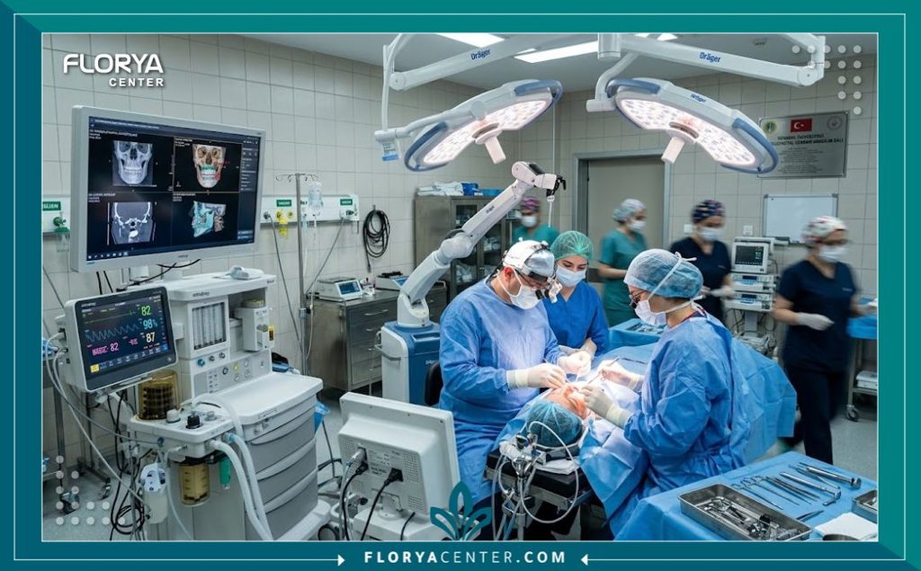غرفة عمليات حديثة ومجهزة بأحدث تقنيات جراحات الوجه والفكين داخل مستشفى كبرى في تركيا.