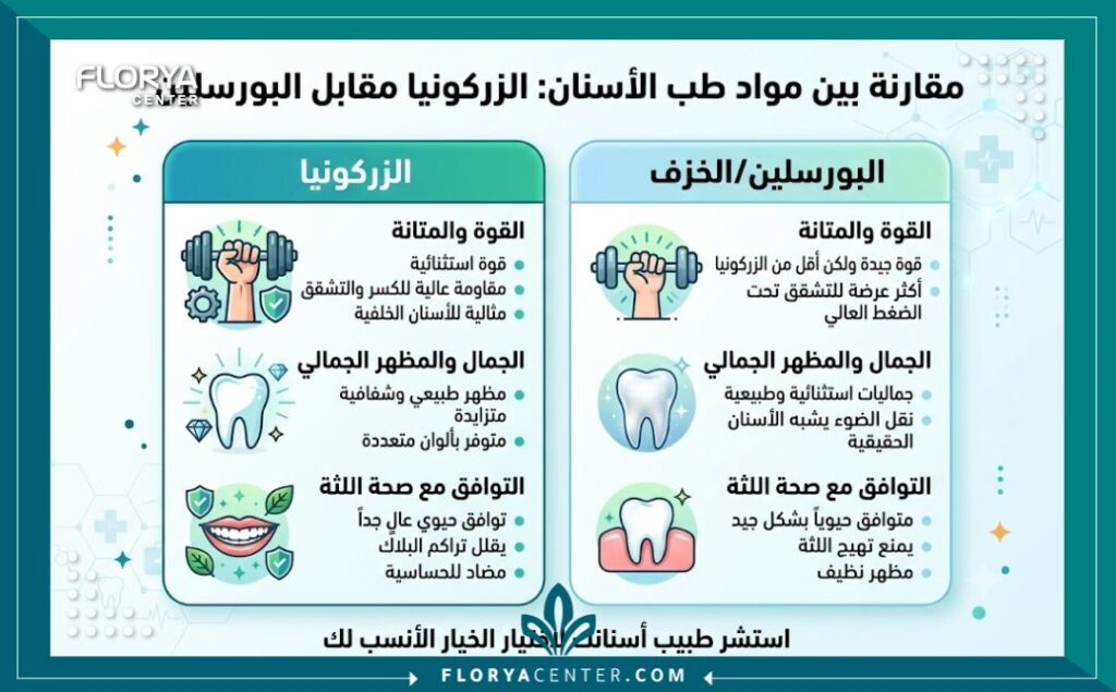 إنفوجرافيك يقارن بين مميزات وعيوب أسنان الزيركون والبورسلين لاختيار المادة الأفضل.