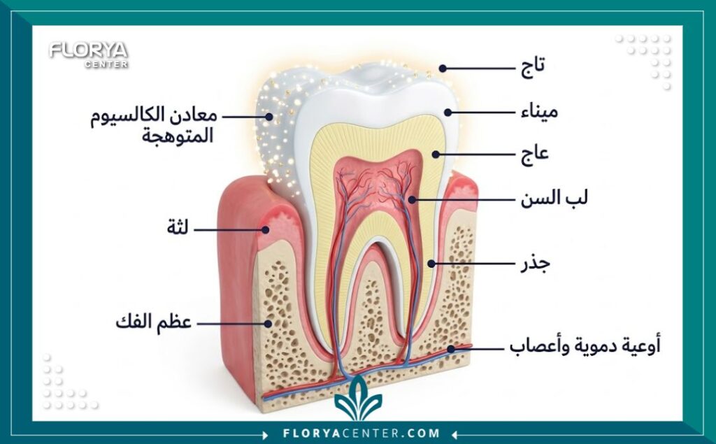 الكالسيوم للاسنان 2 رسم توضيحي طبي لطبقات السن يوضح كيفية عمل الكالسيوم للأسنان على تقوية طبقة مينا الأسنان وحمايتها من التسوس.