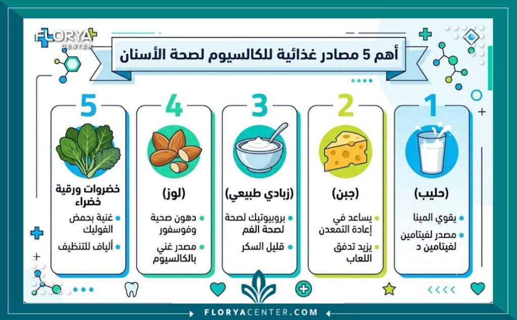 الكالسيوم للاسنان 3 إنفوجرافيك تعليمي يعرض أفضل مصادر الكالسيوم الغذائية الطبيعية لتقوية الكالسيوم للاسنان والعظام.