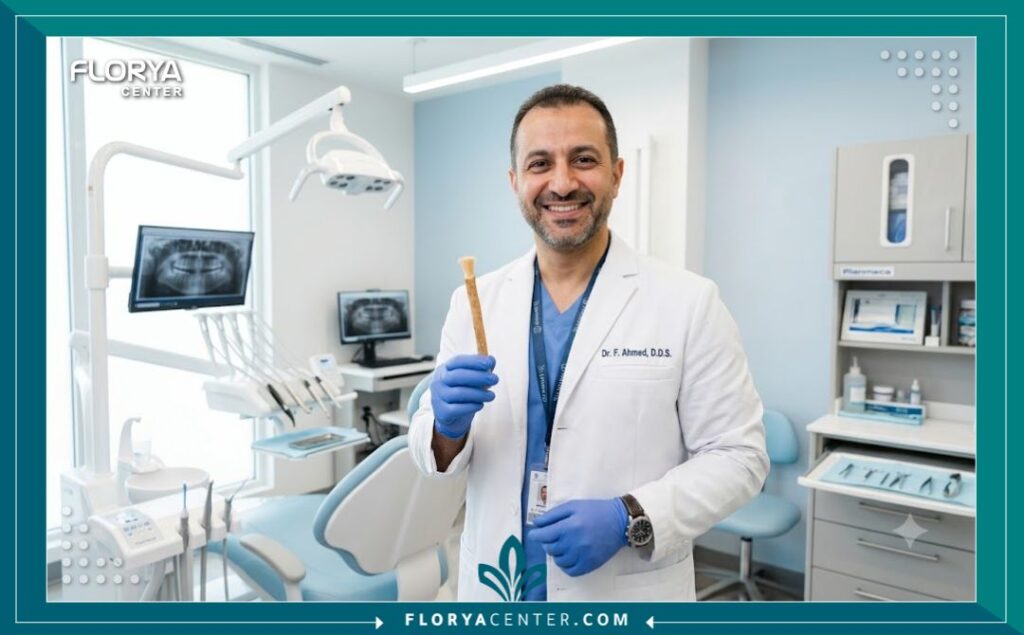 طبيب أسنان في عيادة حديثة يوصي باستخدام المسواك لتنظيف الاسنان كطريقة طبيعية وفعالة.