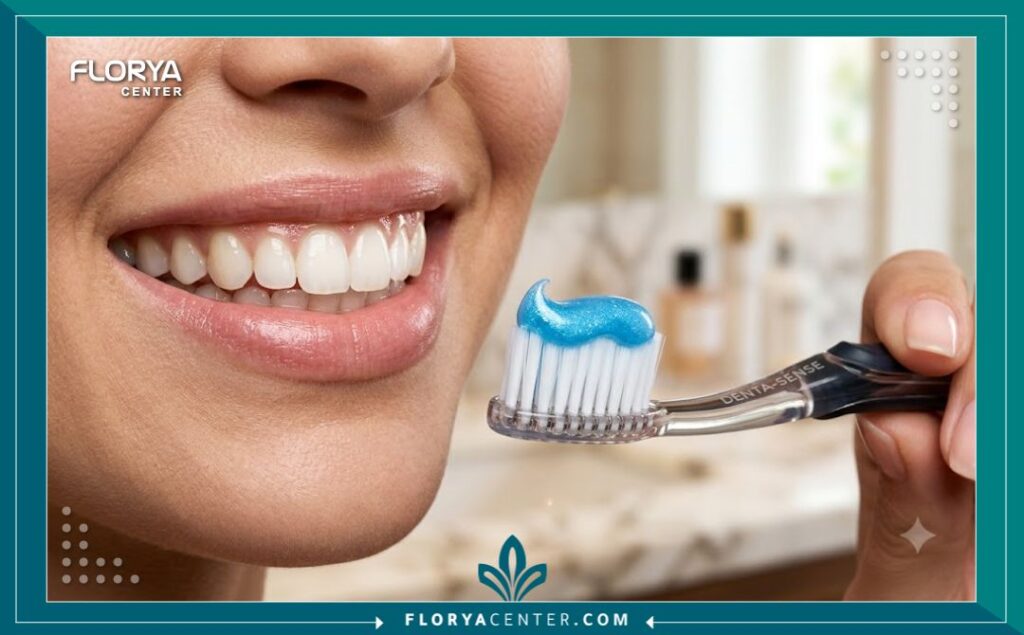 ابتسامة ناصعة البياض مع فرشاة ومعجون مخصص للأسنان الحساسة لعلاج ألم التبييض.