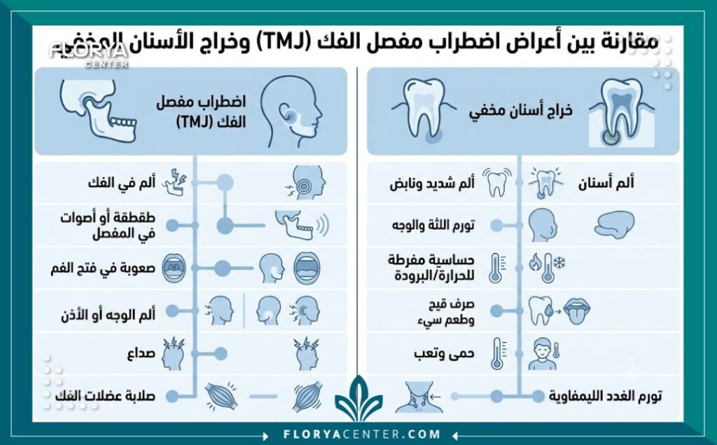 الم الفك عند المضغ 3 إنفوجرافيك يقارن بين أعراض مشاكل المفصل الصدغي وأعراض خراج الأسنان الخفي المسبب لالم الفك عند المضغ.