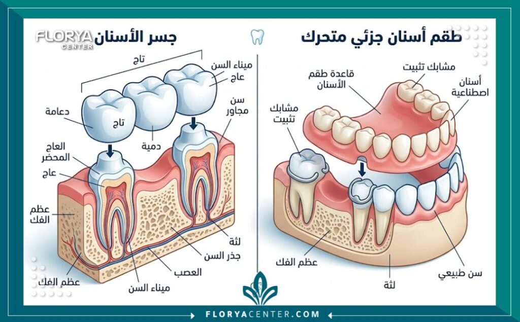 بديل زراعة الاسنان في تركيا 2 رسم توضيحي طبي يشرح آلية عمل جسر الأسنان وطقم الأسنان المتحرك كأفضل بدائل زراعة الاسنان.