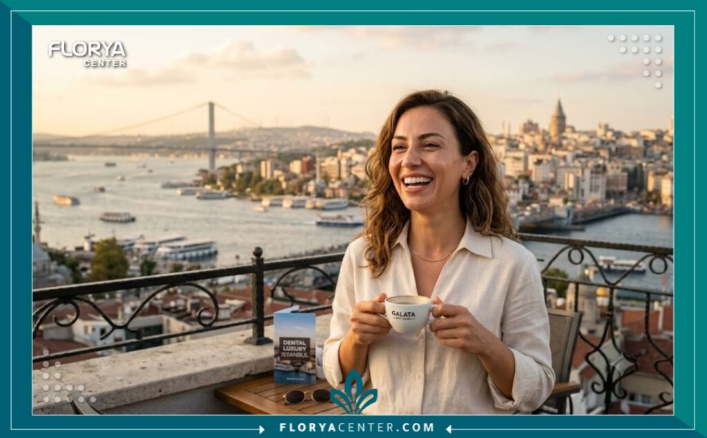بديل زراعة الاسنان في تركيا 6 سياحة علاجية في اسطنبول لمريض يستمتع بوقته أمام البوسفور بعد الانتهاء من تركيب بديل زراعة الاسنان في تركيا.