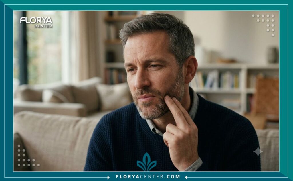 تأثير السكري على الاسنان 5 رجل في منتصف العمر يشعر بألم في الفك وحساسية الأسنان، وهي من أبرز أعراض التهاب اللثة المرتبط بمرض السكري.