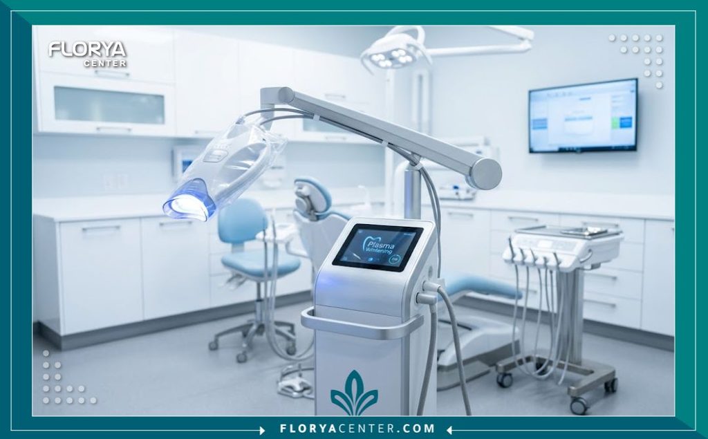 غرفة عمليات أسنان حديثة ومعقمة مجهزة بأحدث أجهزة تبييض الاسنان بالبلازما في إحدى العيادات المتخصصة في تركيا.