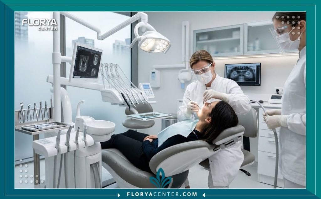 غرفة عمليات في عيادة أسنان تركية مجهزة بأحدث التقنيات لضمان أعلى مستويات الأمان أثناء تثبيت الاسنان المتحركة بالجبيرة.