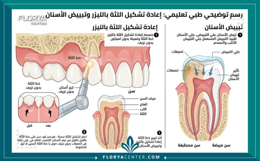 رسم توضيحي طبي يوضح عملية قص اللثة بالليزر وتبييض الأسنان بدون دم لنتائج سريعة.
