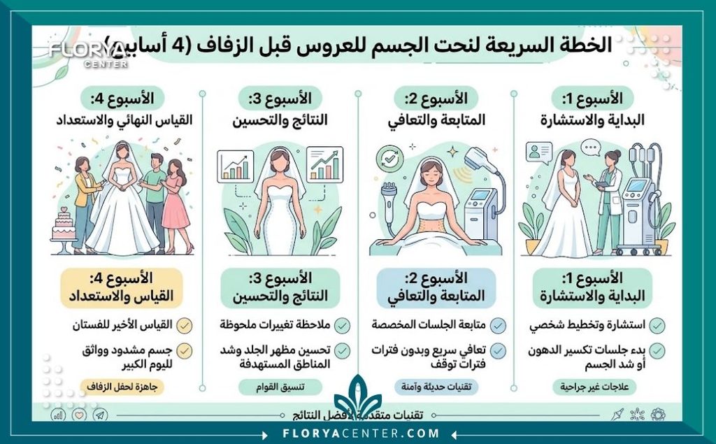 إنفوجرافيك يوضح الجدول الزمني لباقات تنسيق القوام السريعة وفترة النقاهة قبل موعد الزفاف.