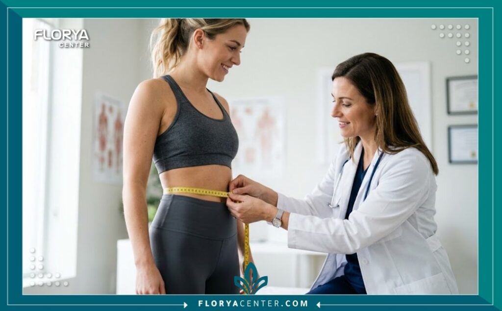 طبيبة تجميل تأخذ قياسات الخصر لعروس للتأكد من نتائج جلسات نحت الخصر والبطن قبل الزفاف.