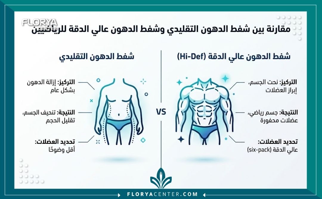 تجميل القوام للرياضيين لإبراز العضلات 3 إنفوجرافيك يقارن بين شفط الدهون التقليدي وعملية نحت الجسم عالي التحديد (Hi-Def Lipo) للاعبي كمال الأجسام.