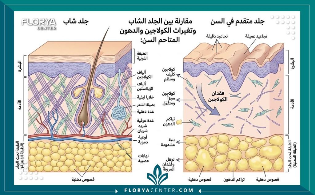 رسم توضيحي طبي لطبقات الجلد وتراكم الدهون يفسر أسباب الحاجة إلى تجميل قوام المرأة بعد سن الأربعين.
