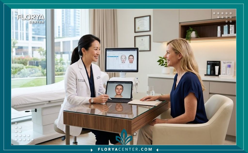 استشارة طبية متخصصة في عيادة تجميل راقية لمناقشة خيارات تجميل قوام المرأة بعد سن الأربعين بأمان.